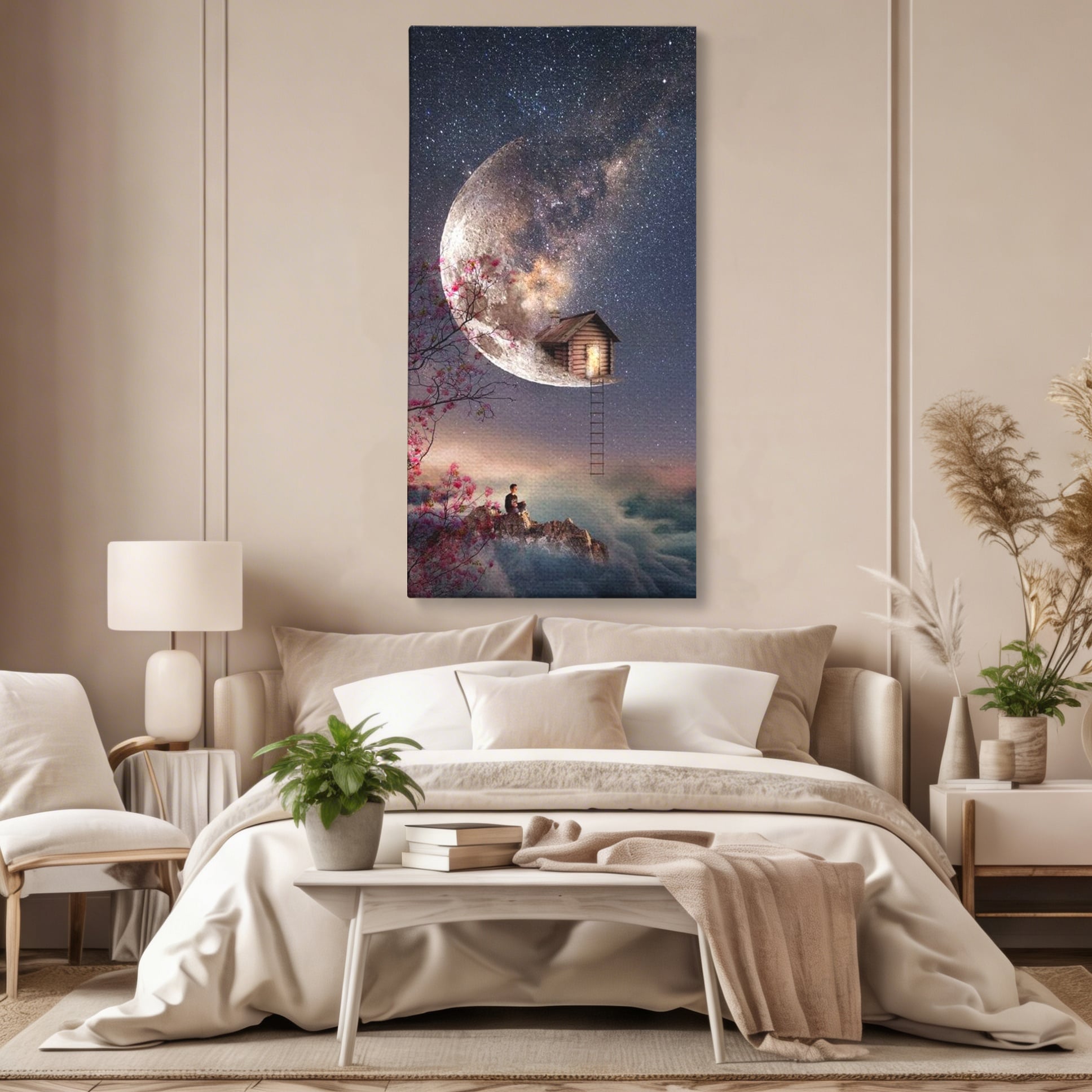 Tablou canvas cu ilustratie digitala cu casa pe luna, fara rama, pe sasiu de lemn, pe perete intr-un dormitor